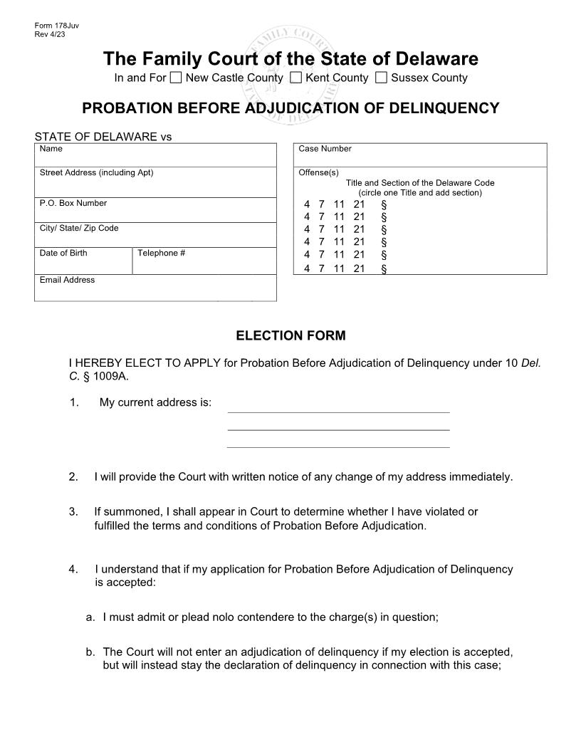 Probation Before Adjudication Of Delinquency Election Form {178juv} | Pdf Fpdf Docx | Delaware