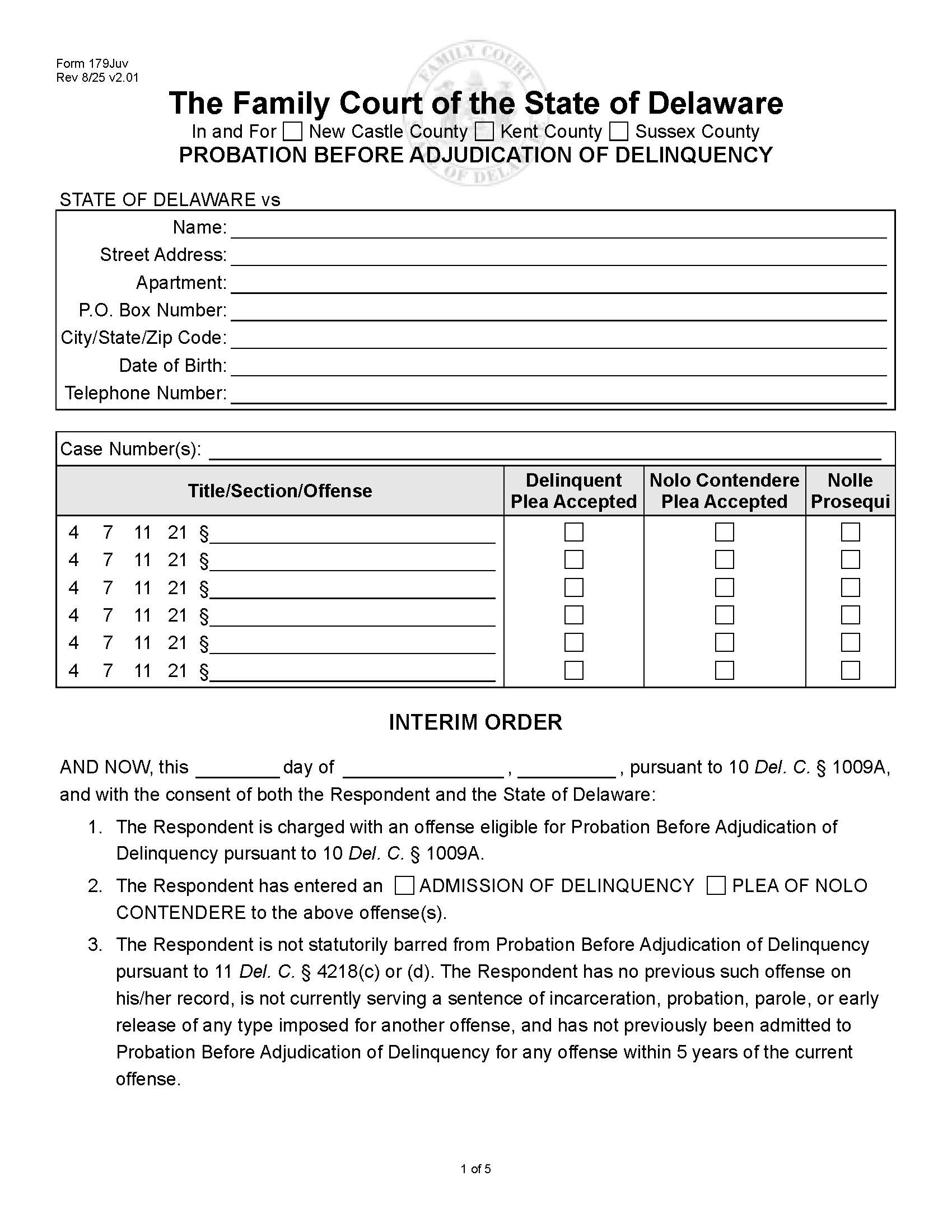 Probation Before Adjudication Of Delinquency Interim Order {179juv} | Pdf Fpdf Docx | Delaware