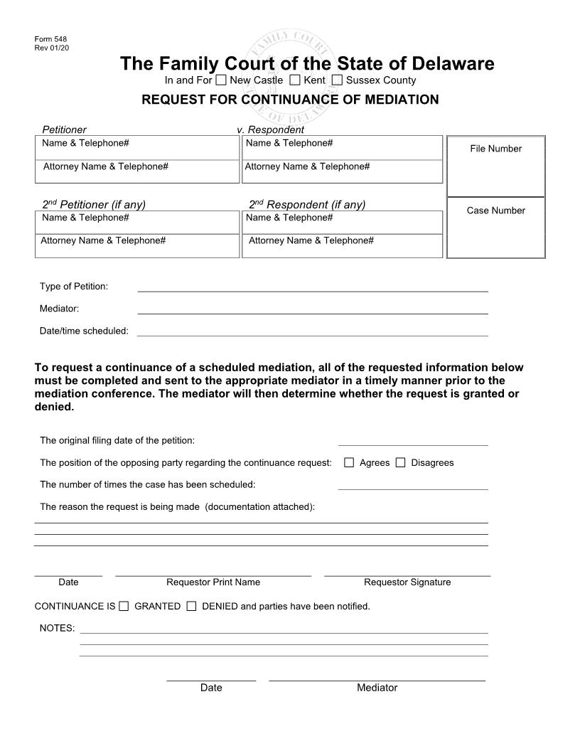 Request For Continuance Of Mediation {548} | Pdf Fpdf Doc Docx | Delaware