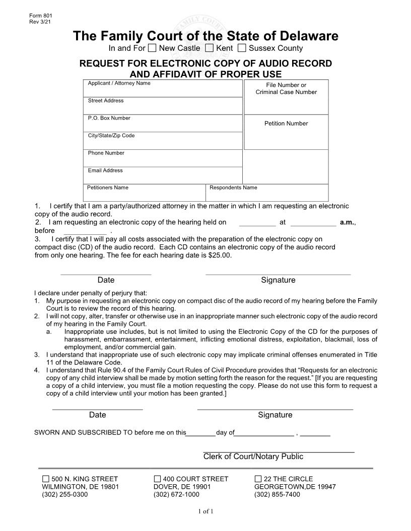 Request For Electronic Copy Of Audio Record And Affidavit Of Proper Use {801} | Pdf Fpdf Doc Docx | Delaware