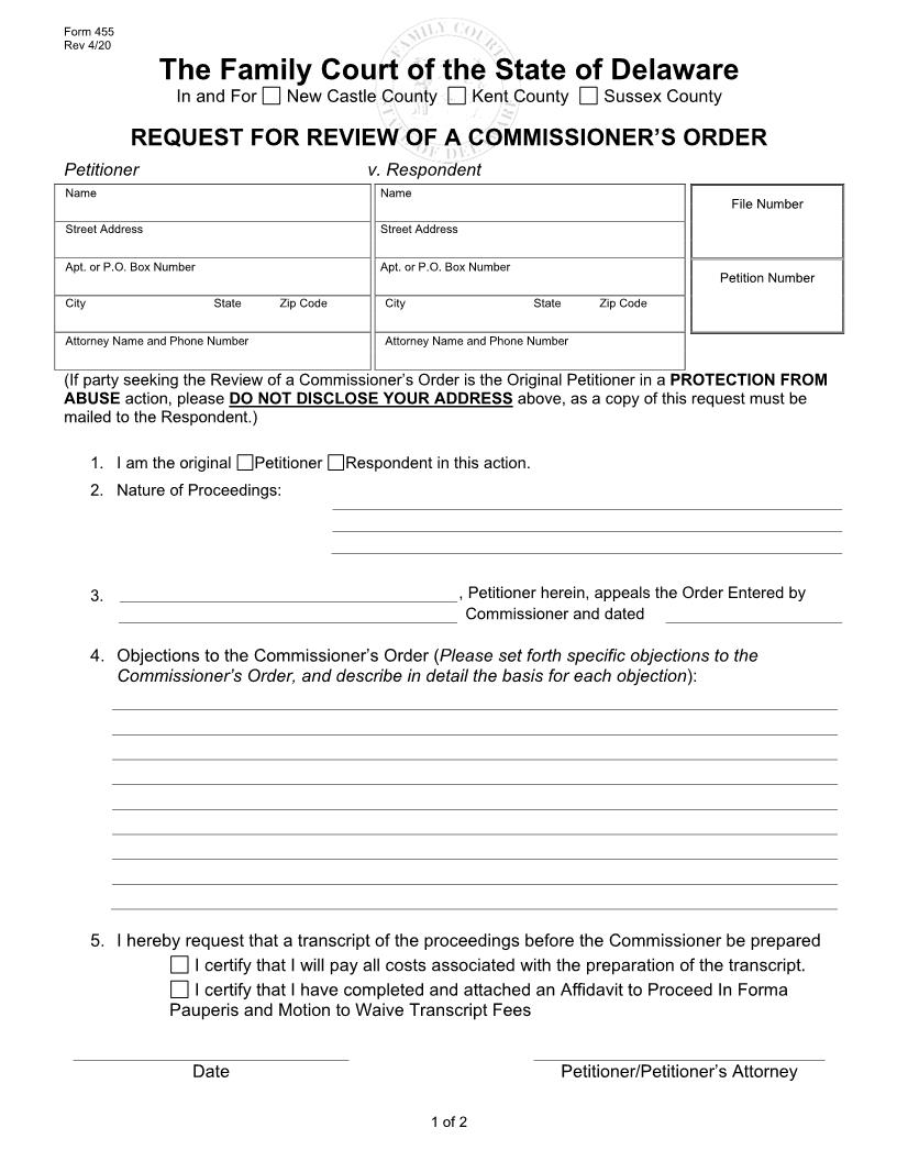 Request For Review Of A Commissioners Order {455} | Pdf Fpdf Docx | Delaware