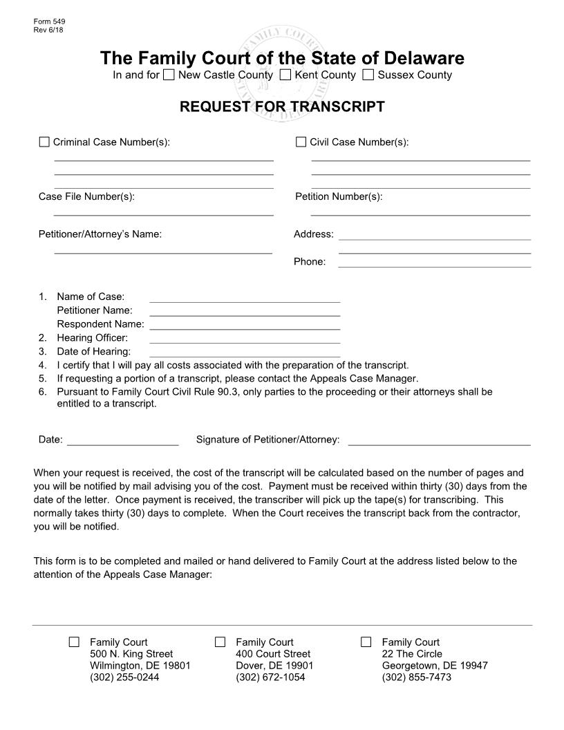 Request For Transcript {549} | Pdf Fpdf Doc Docx | Delaware
