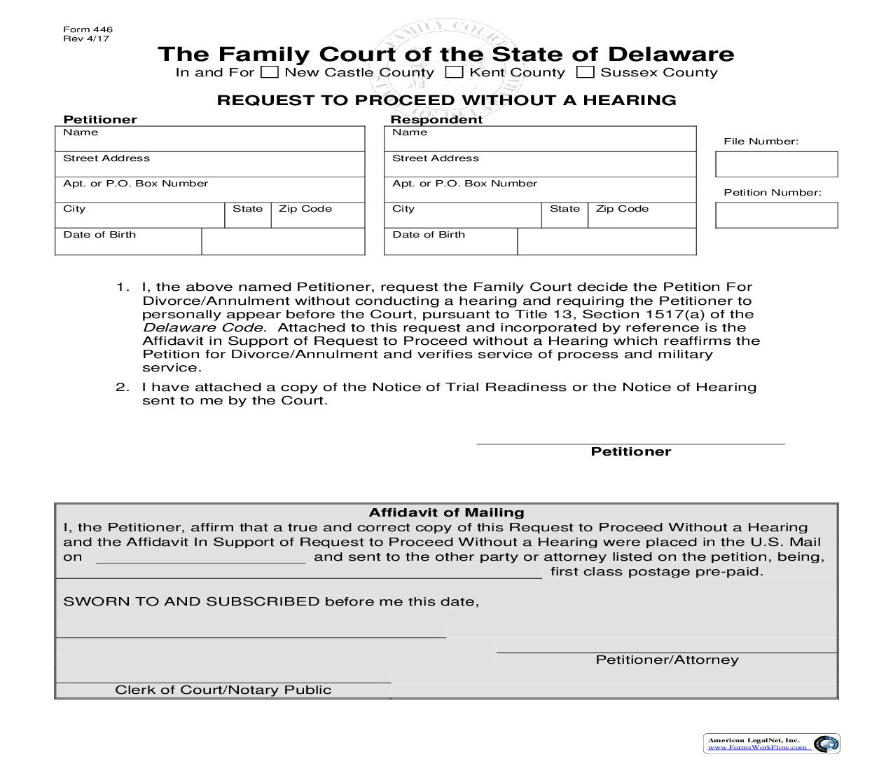 Request To Proceed Without A Hearing {446} | Pdf Fpdf Doc Docx | Delaware