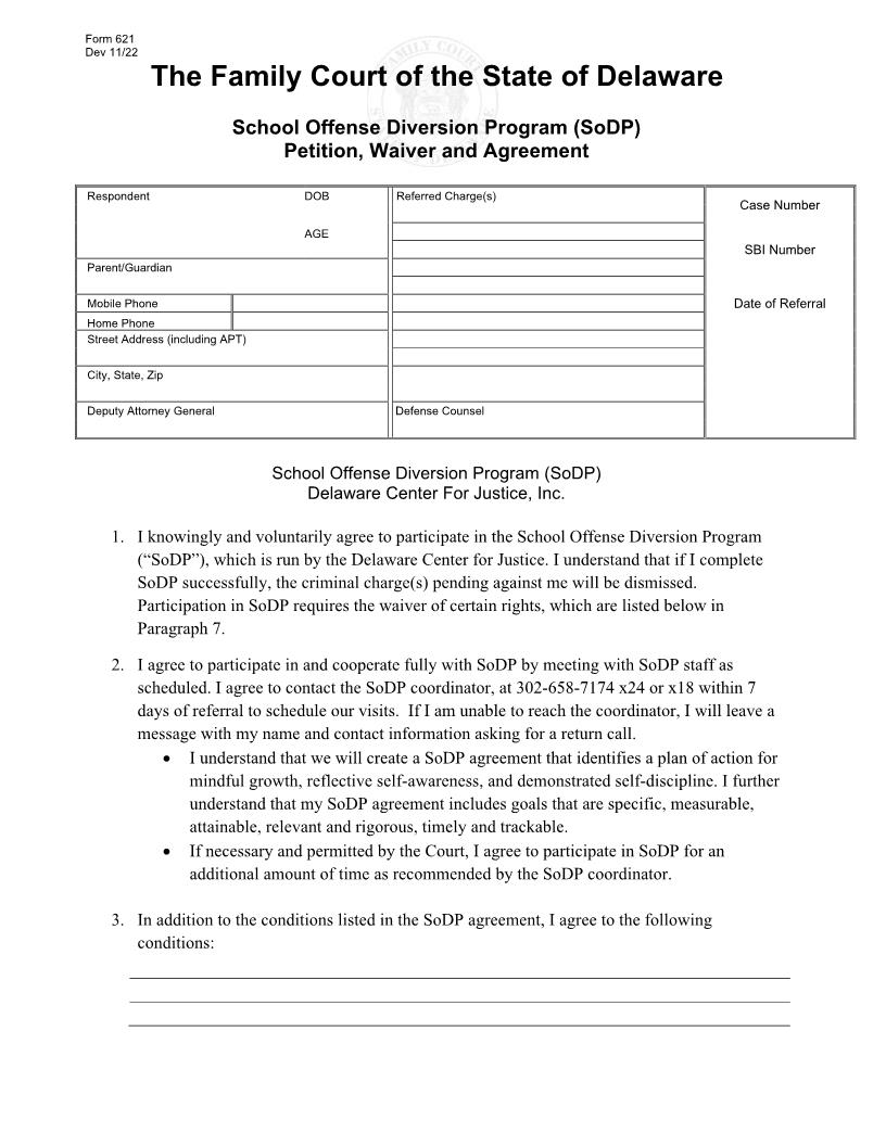 School Offense Diversion Program (SoDP) Petition Waiver And Agreement {621} | Pdf Fpdf Docx | Delaware