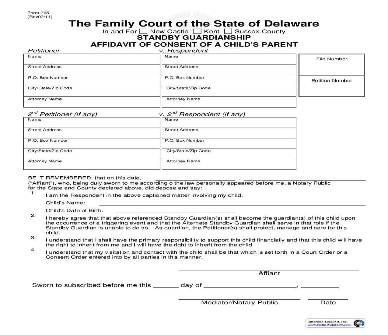 Standby Guardianship-Affidavit Of Consent Of A Childs Parent {265} | Pdf Fpdf Doc Docx | Delaware