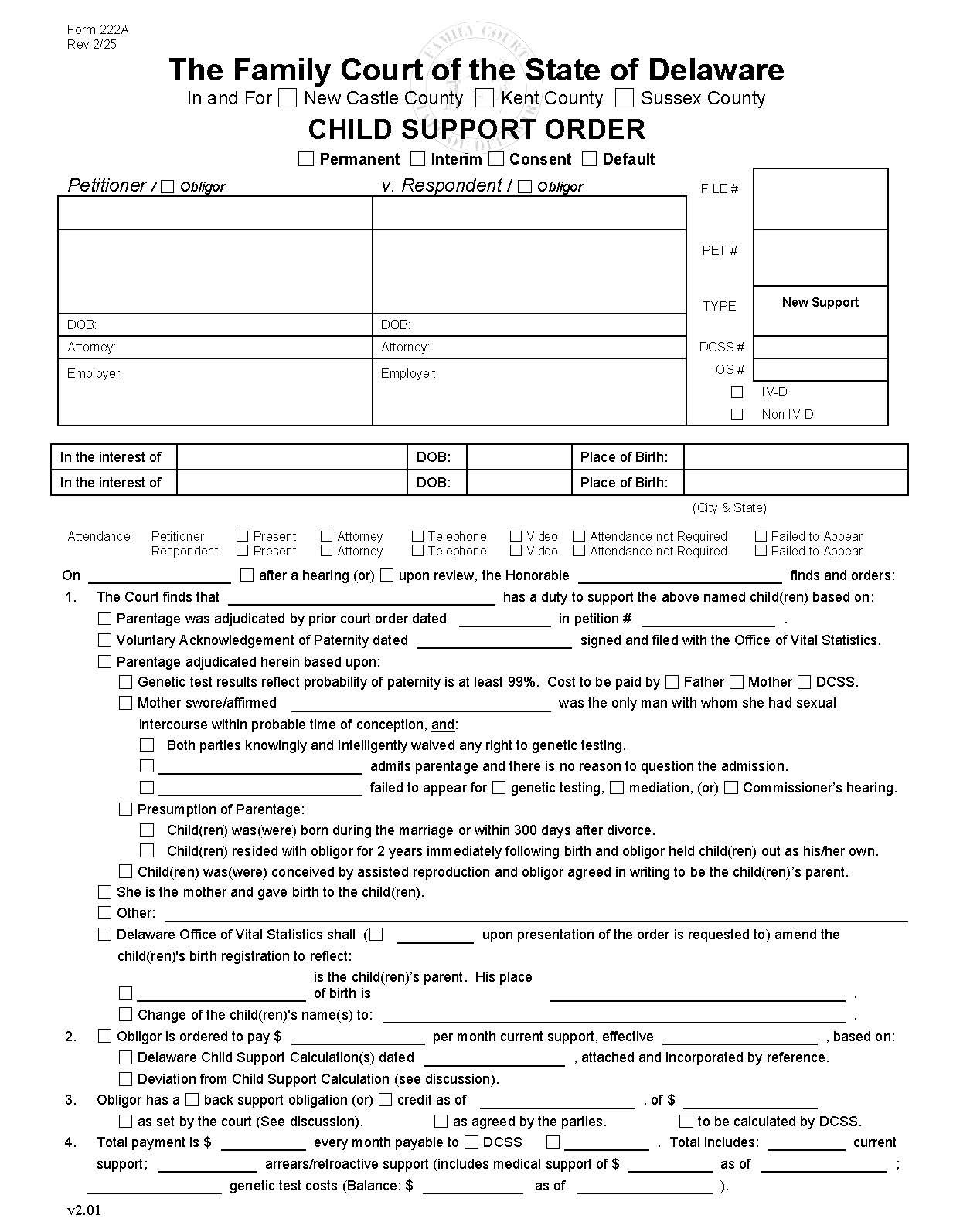 Support Order {222A} | Pdf Fpdf Docx | Delaware