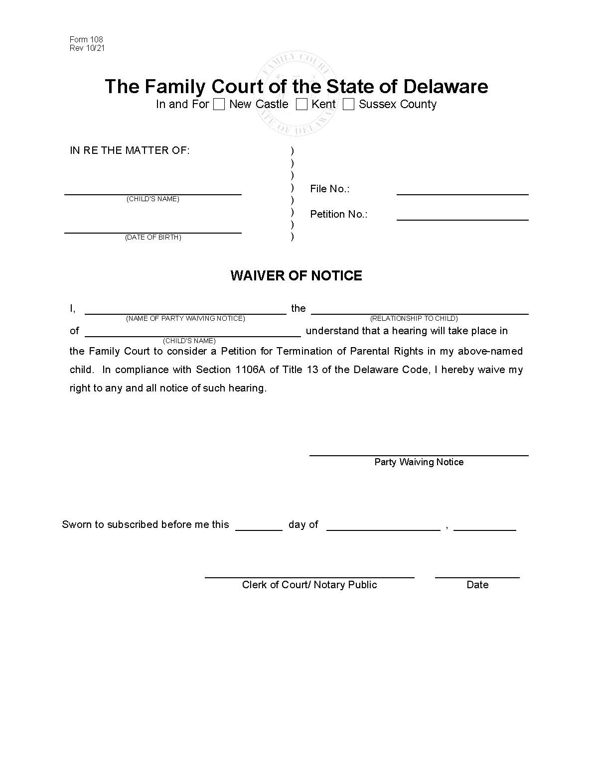 TPR Waiver Of Notice {108} | Pdf Fpdf Doc Docx | Delaware
