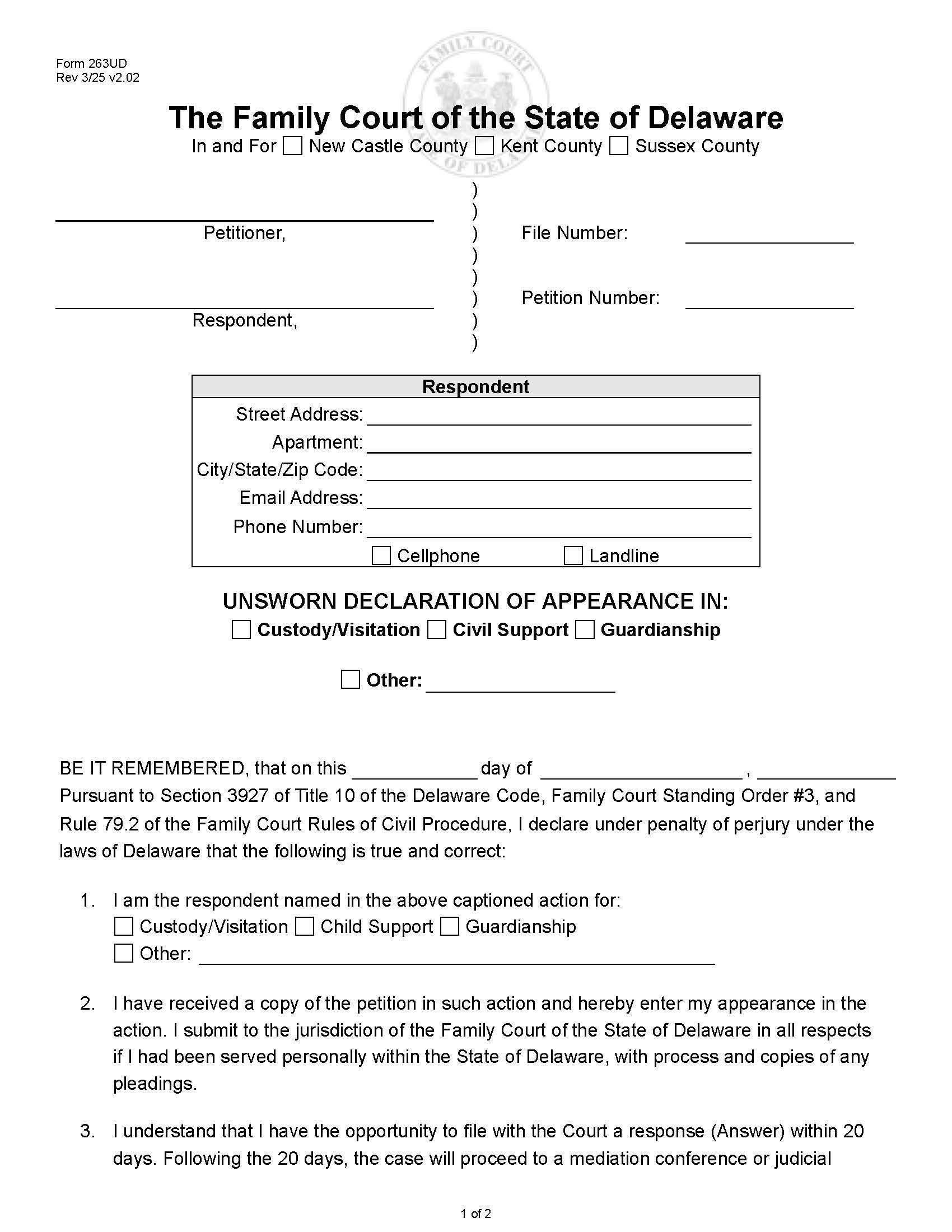 Unsworn Declaration Of Appearance {263UD} | Pdf Fpdf Docx | Delaware