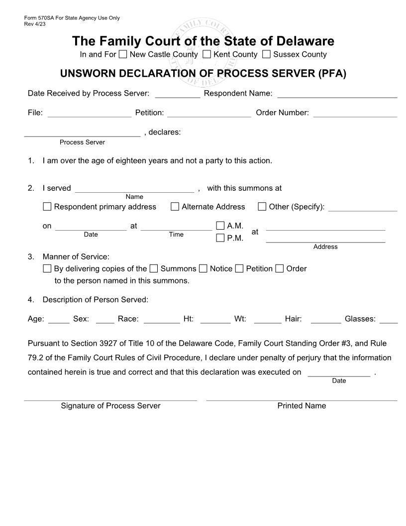 Unsworn Declaration Of Process Server-PFAs {570SA} | Pdf Fpdf Docx | Delaware
