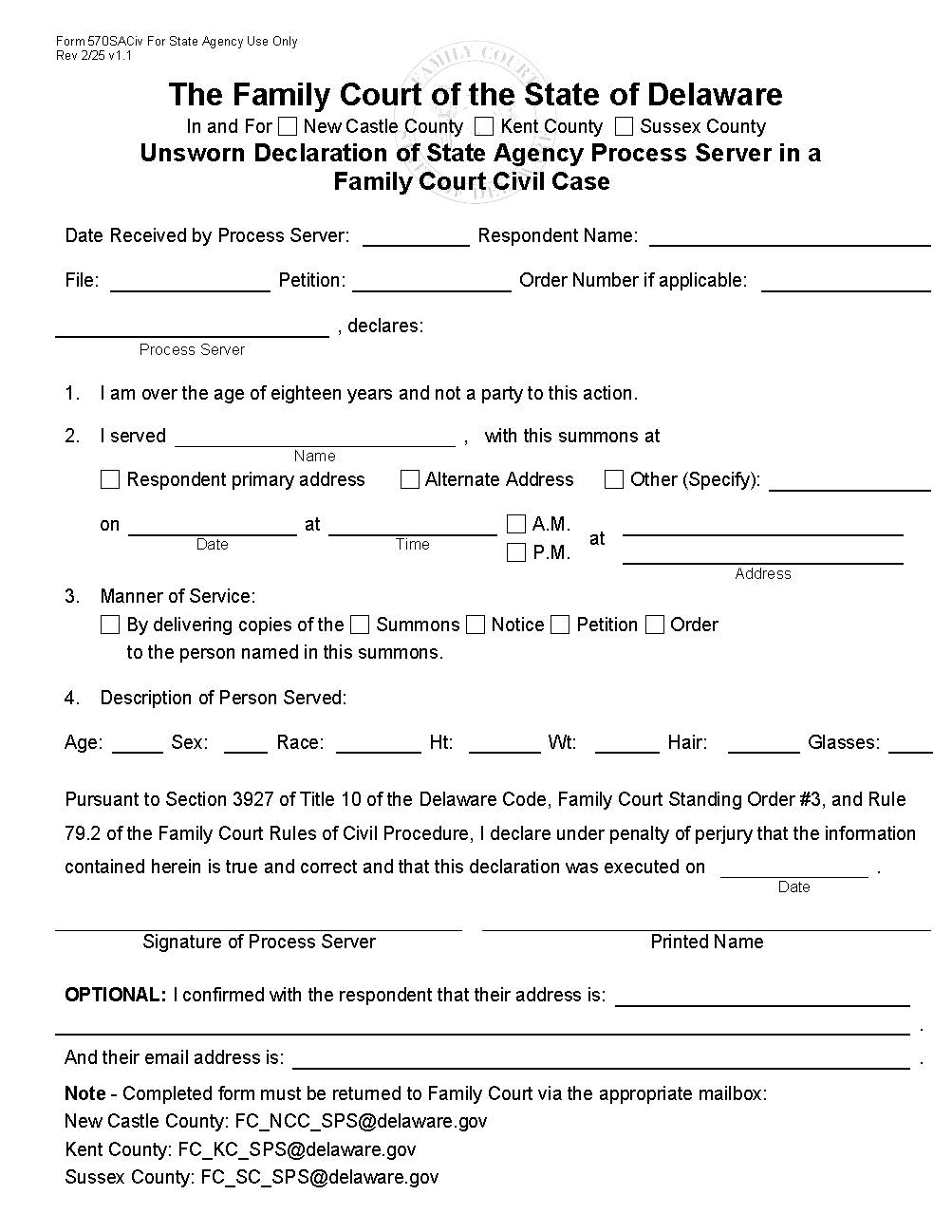 Unsworn Declaration Of State Agency Process Server In A Family Court Civil Case {570SACiv} | Pdf Fpdf Docx | Delaware
