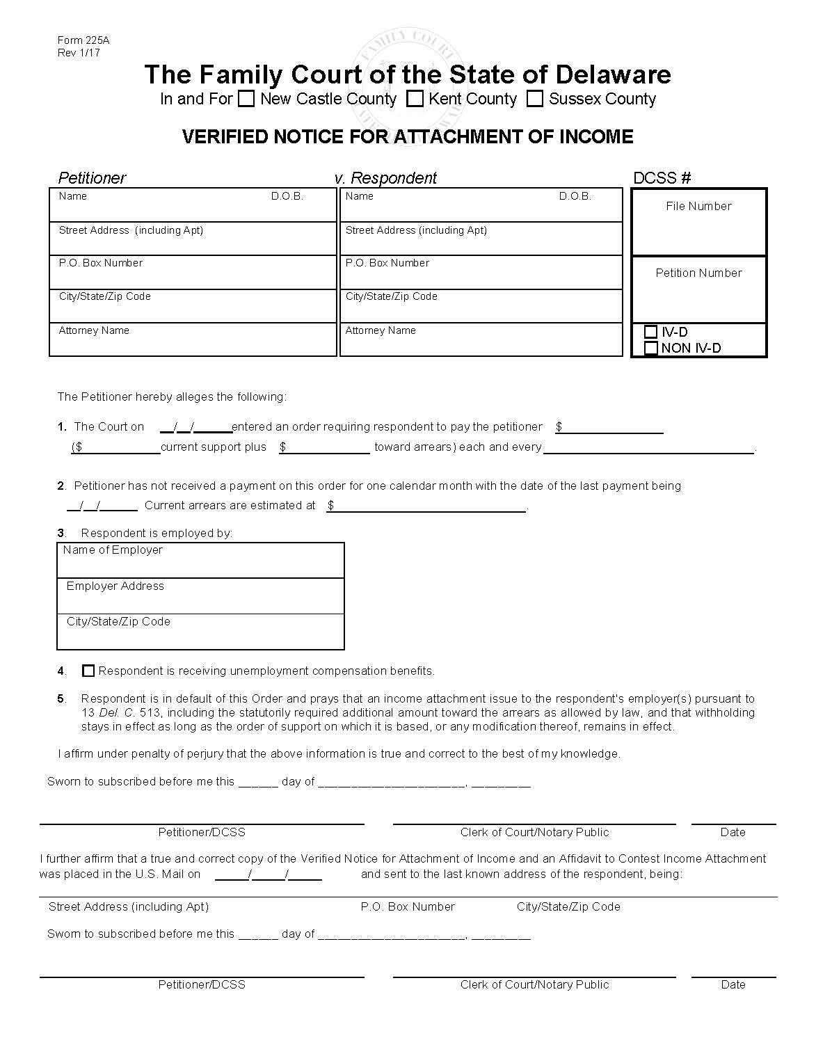 Verified Notice For Attachment Of Income {225A} | Pdf Fpdf Doc Docx | Delaware