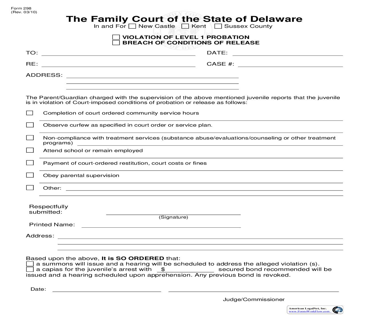Violation Of Level I Probation-Breach Of Release {298} | Pdf Fpdf Doc Docx | Delaware