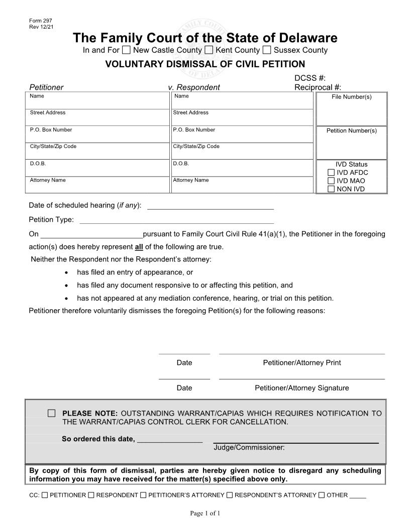Voluntary Dismissal Of Civil Petition {297} | Pdf Fpdf Doc Docx | Delaware