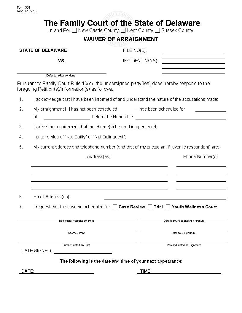 Waiver Of Arraignment (Rule 10-D) {301} | Pdf Fpdf Docx | Delaware