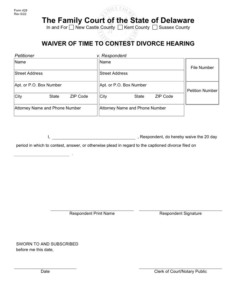 Waiver Of Time To Contest Divorce Hearing {428} | Pdf Fpdf Doc Docx | Delaware