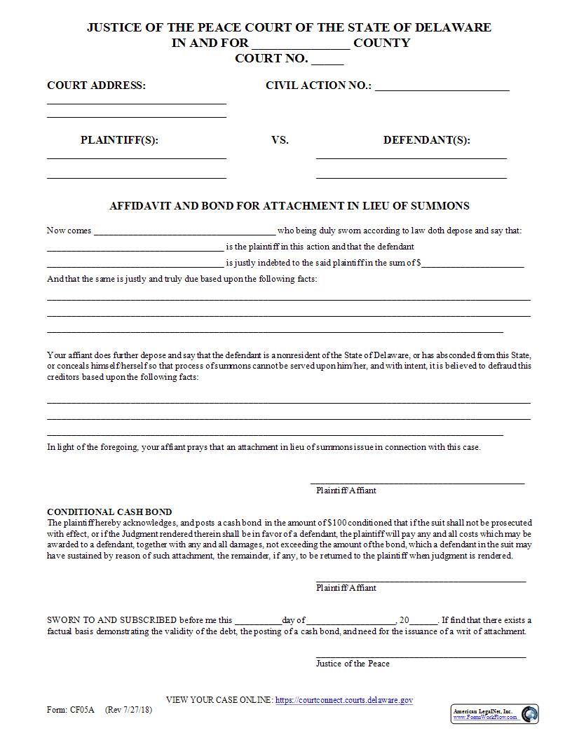 Affidavit And Bond For Attachment In Lieu Of Summons {CF05A} | Pdf Fpdf Docx | Delaware