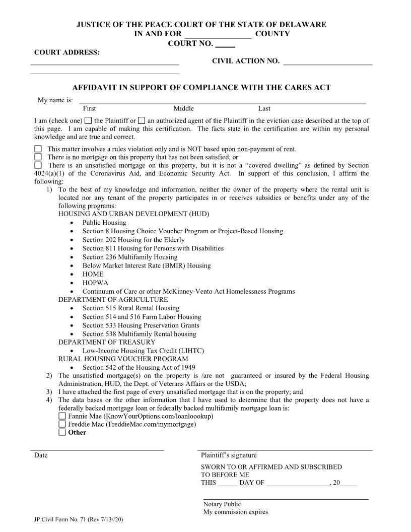 Affidavit In Support Of Compliance With The Cares Act {CF71} | Pdf Fpdf Docx | Delaware