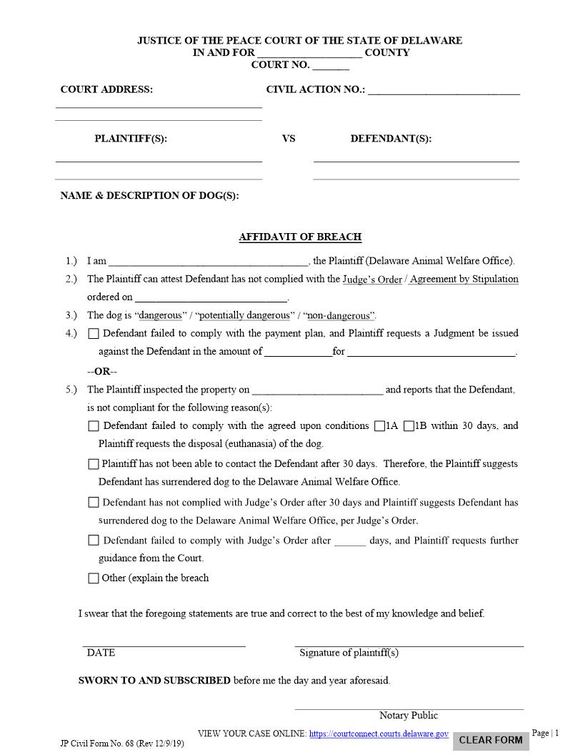Affidavit Of Breach {CF68} | Pdf Fpdf Docx | Delaware