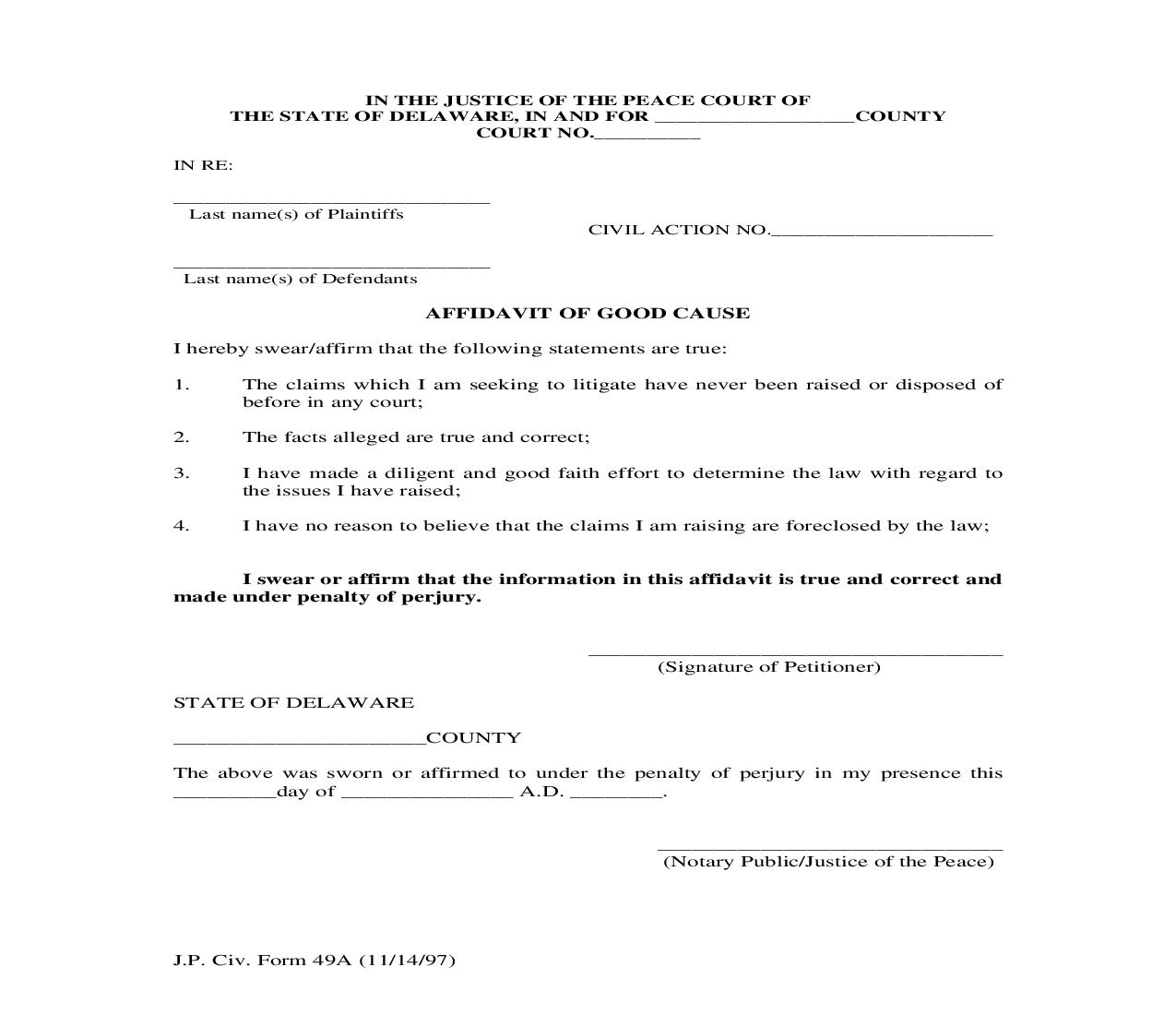 Affidavit Of Good Cause {CF49A} | Pdf Fpdf Doc Docx | Delaware
