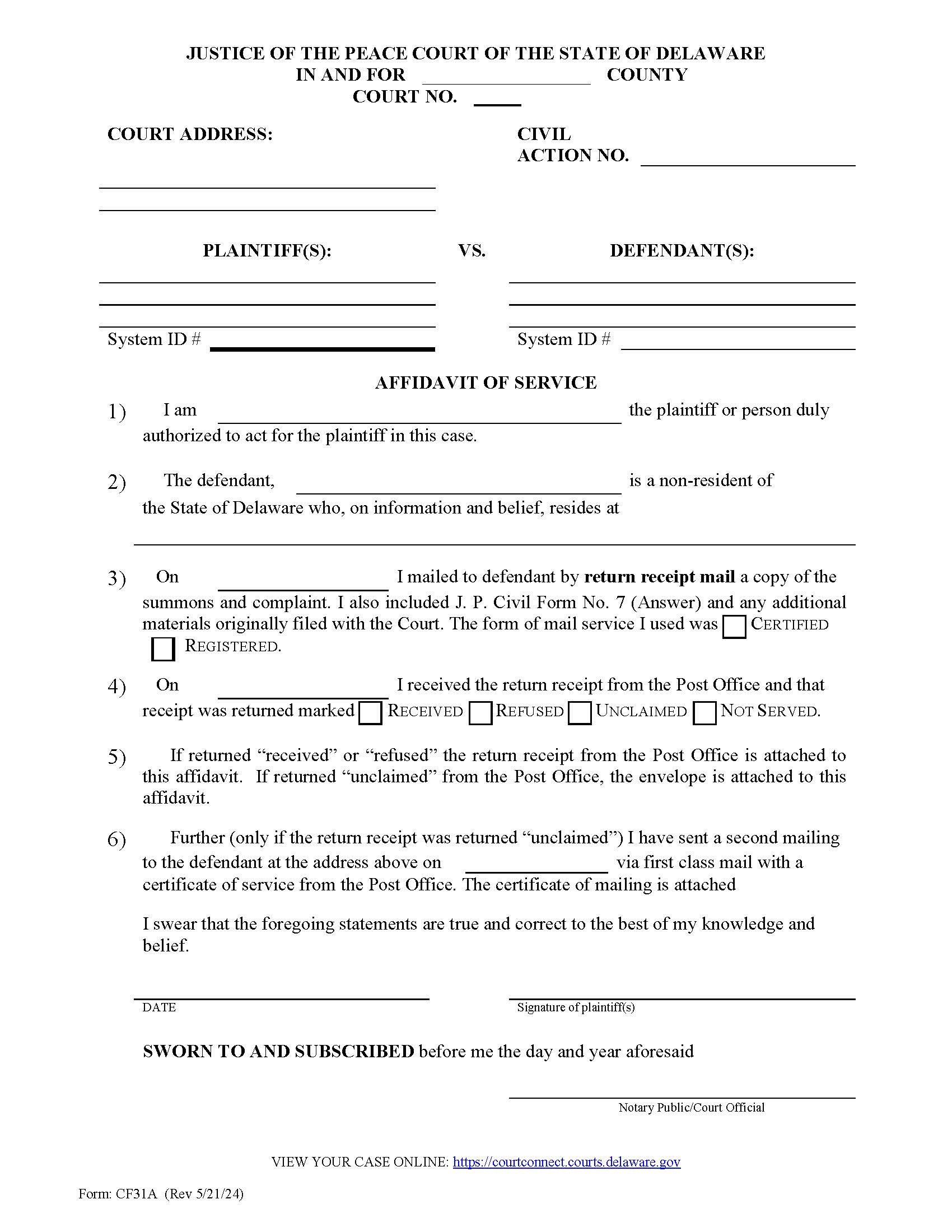 Affidavit Of Service {CF31A} | Pdf Fpdf Docx | Delaware