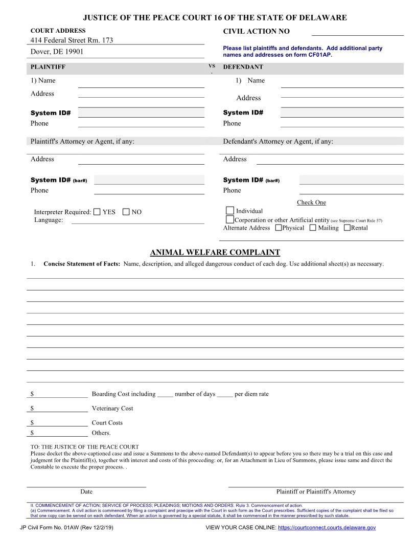 Animal Welfare Complaint {CF01AW} | Pdf Fpdf Doc Docx | Delaware
