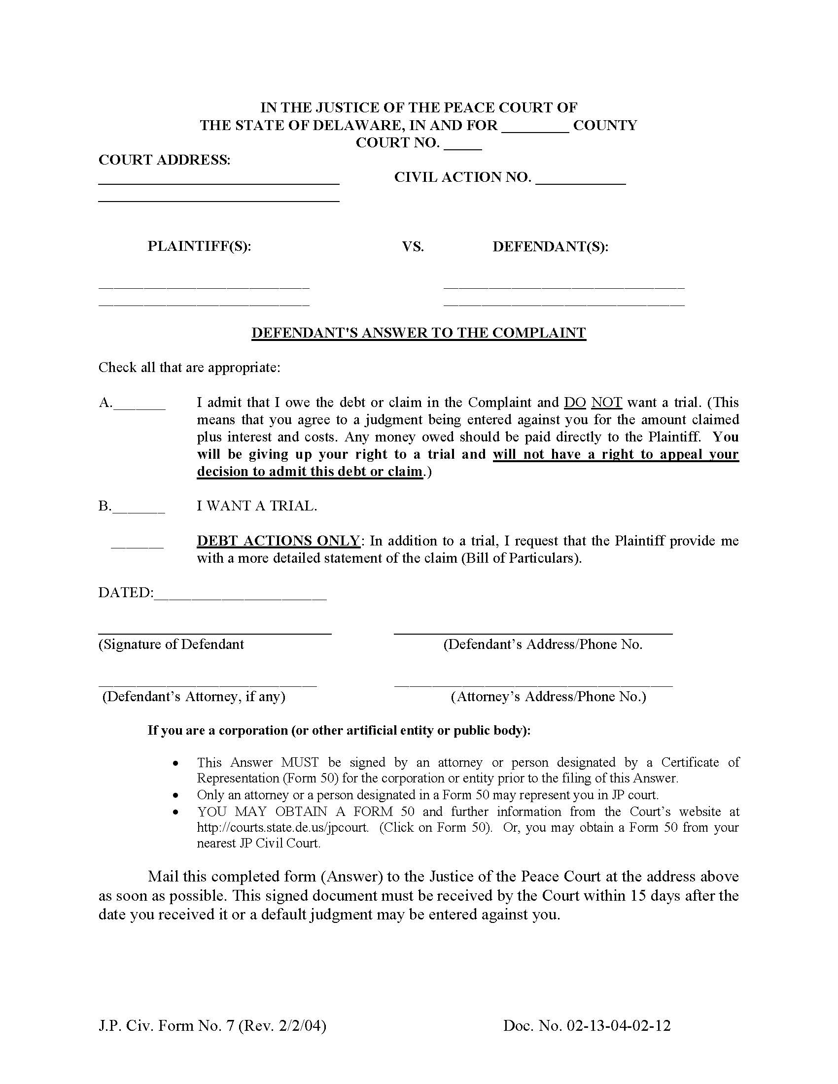 Answer (Defendants Answer To The Complaint) {CF7} | Pdf Fpdf Doc Docx | Delaware