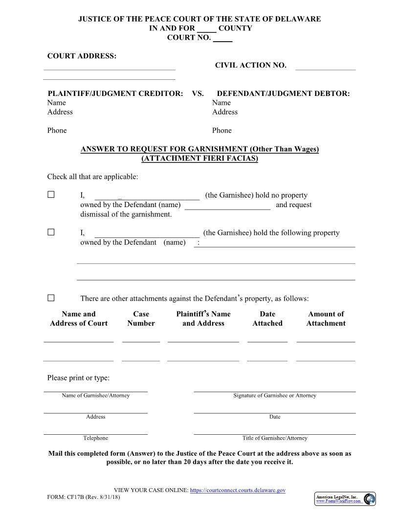 Answer To Request For Garnishment (Other Than Wages) {CF17B} | Pdf Fpdf Docx | Delaware