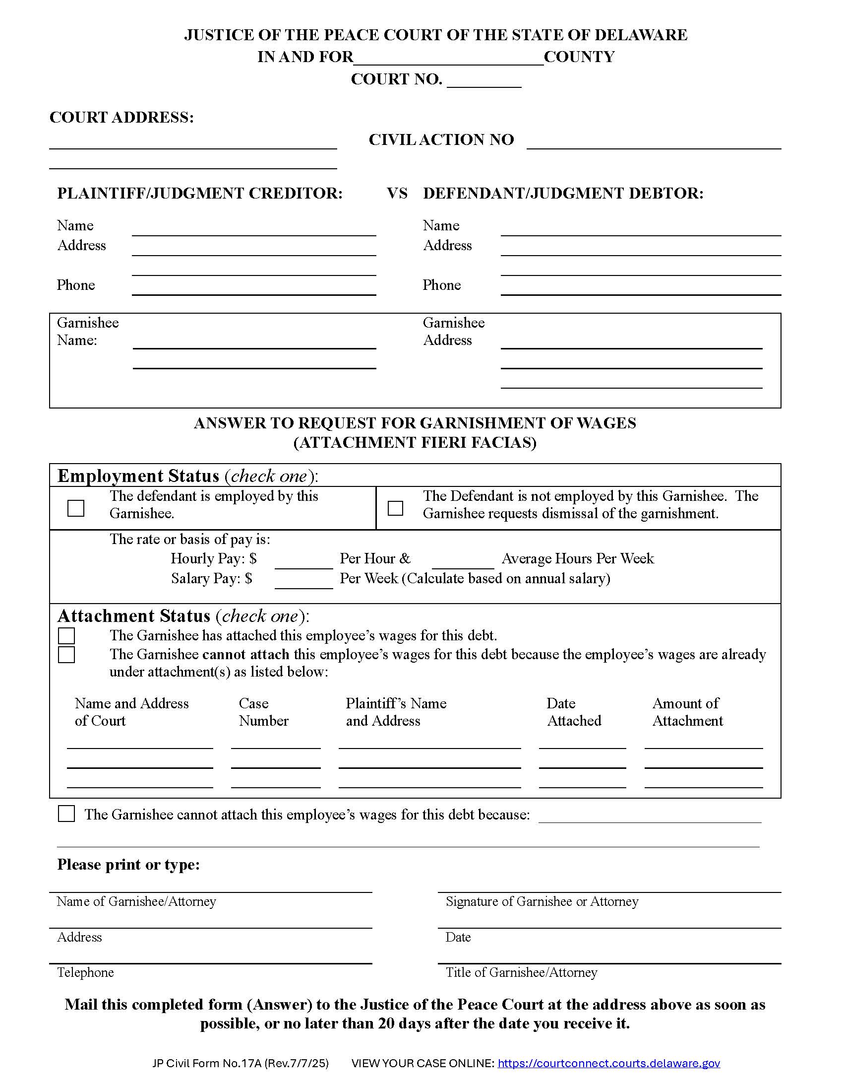 Answer To Request For Garnishment Of Wages {CF17A} | Pdf Fpdf Doc Docx | Delaware