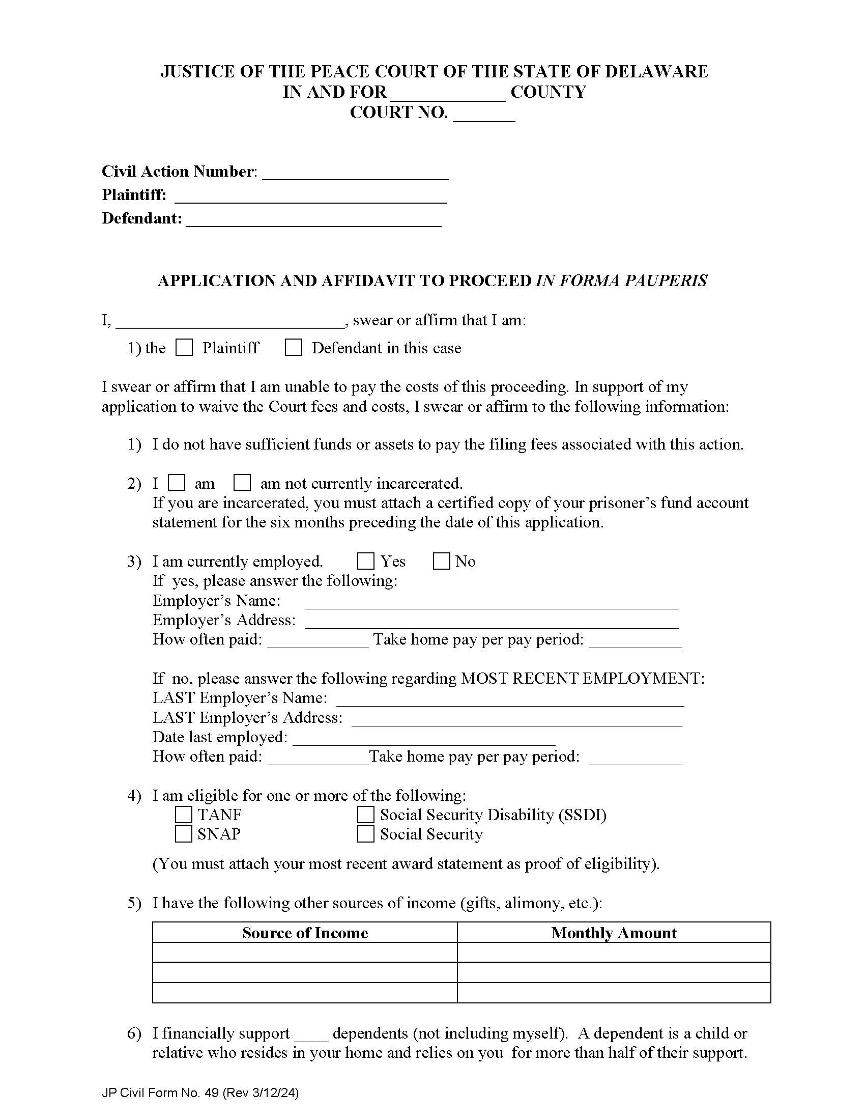 Application And Affidavit To Proceed In Forma Pauperis {CF49} | Pdf Fpdf Doc Docx | Delaware