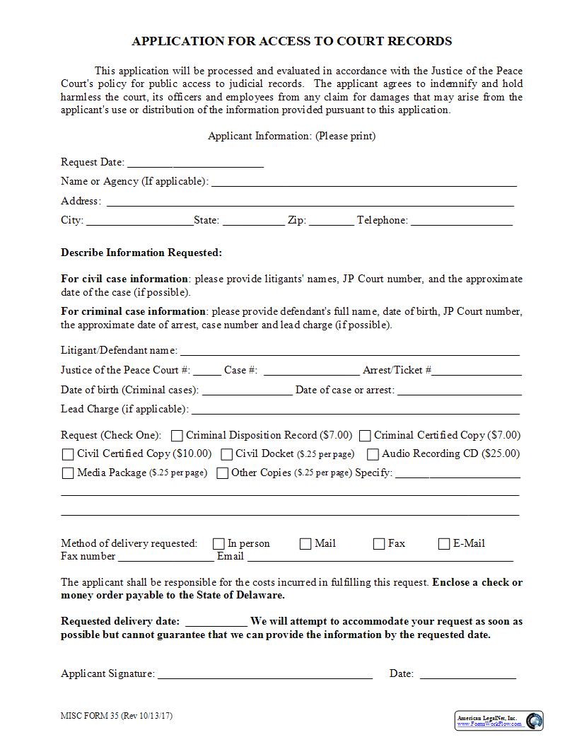 Application For Access To Court Records {MISC35} | Pdf Fpdf Docx | Delaware