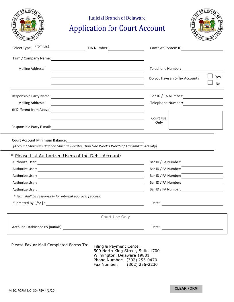Application For Court Account {MISC30} | Pdf Fpdf Doc Docx | Delaware