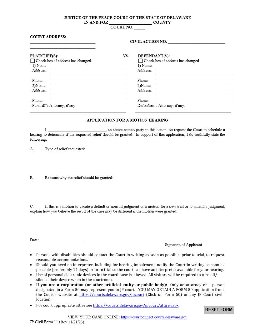 Application For Motion Hearing {CF11} | Pdf Fpdf Docx | Delaware