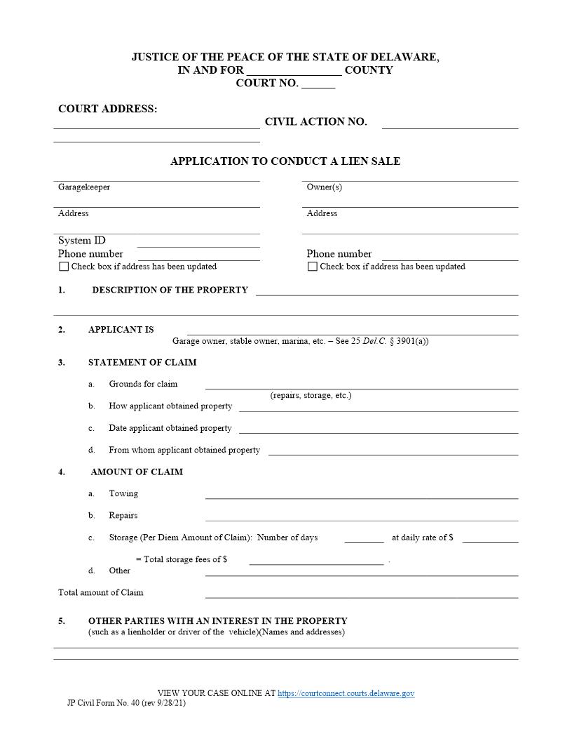 Application To Conduct A Lien Sale {CF40} | Pdf Fpdf Doc Docx | Delaware