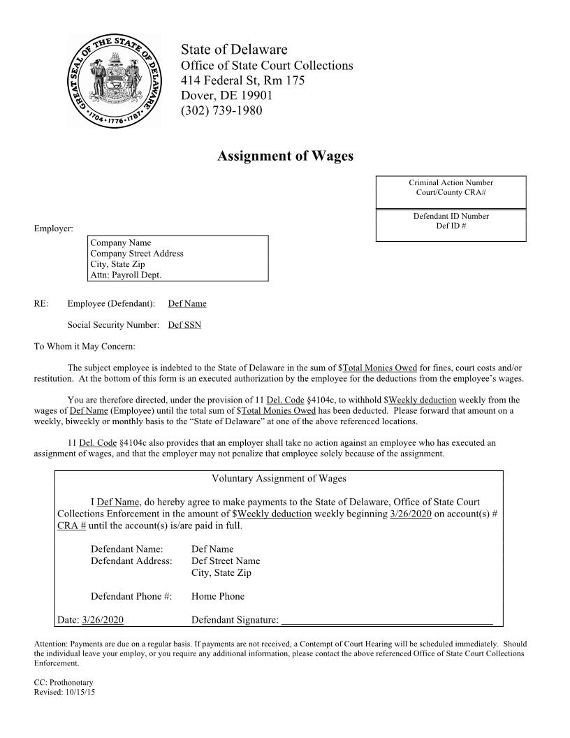 Assignment Of Wages (OSCCE) | Pdf Fpdf Doc Docx | Delaware