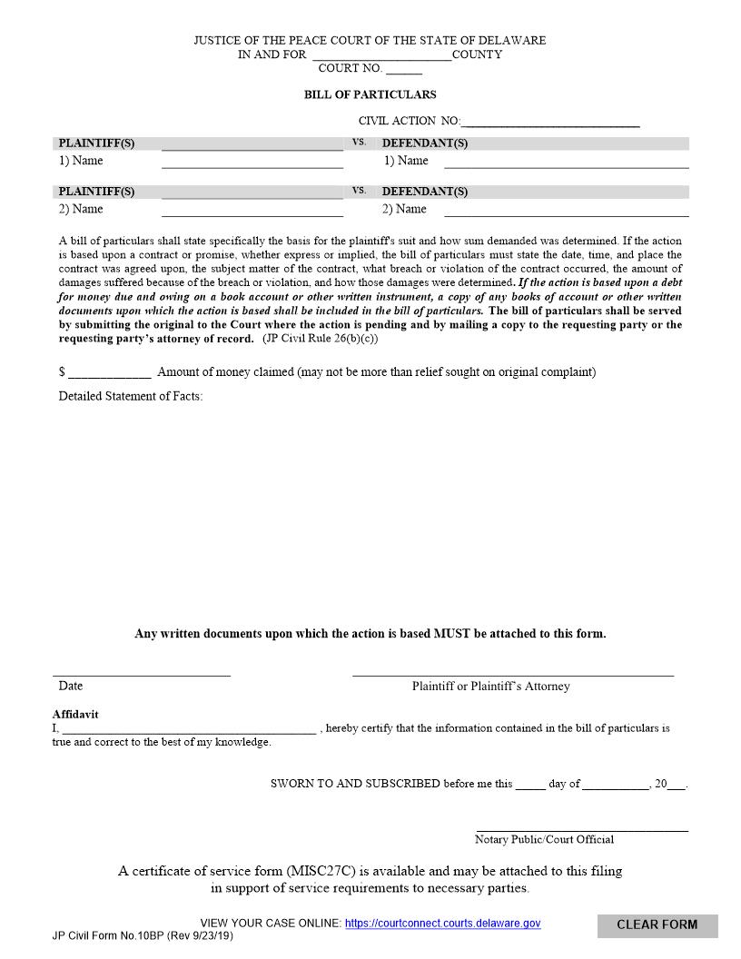 Bill Of Particulars {CF10BP} | Pdf Fpdf Doc Docx | Delaware