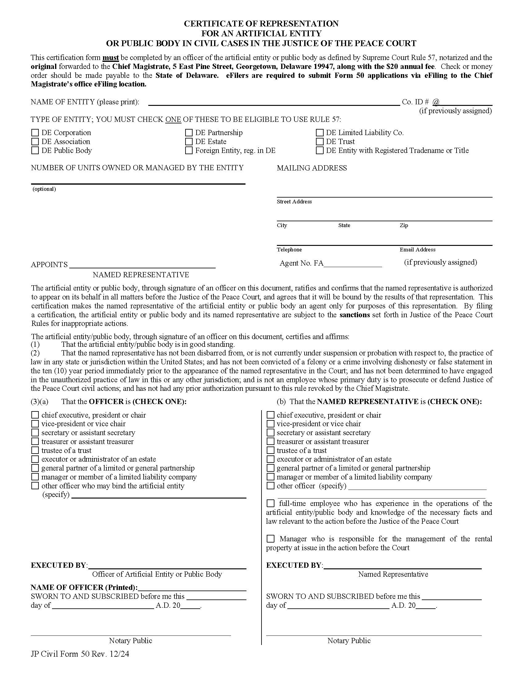 Certificate Of Representation For An Artificial Entity Or Public Body (Form 50) {CF50} | Pdf Fpdf Docx | Delaware