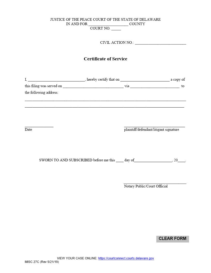 Certificate Of Service {MISC27C} | Pdf Fpdf Doc Docx | Delaware