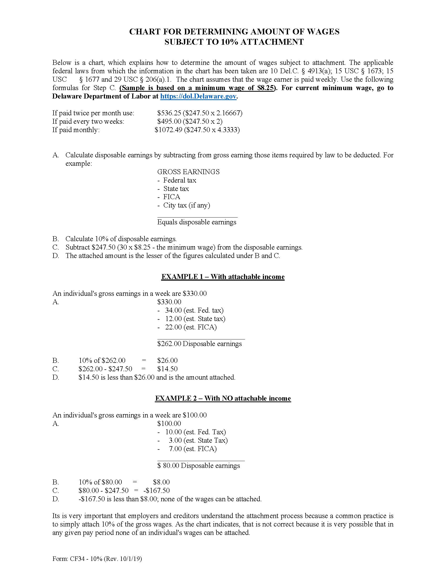 Chart For Determining Amount Of Wages Subject To 10 Percent Attachment {CF34 10} | Pdf Fpdf Doc Docx | Delaware