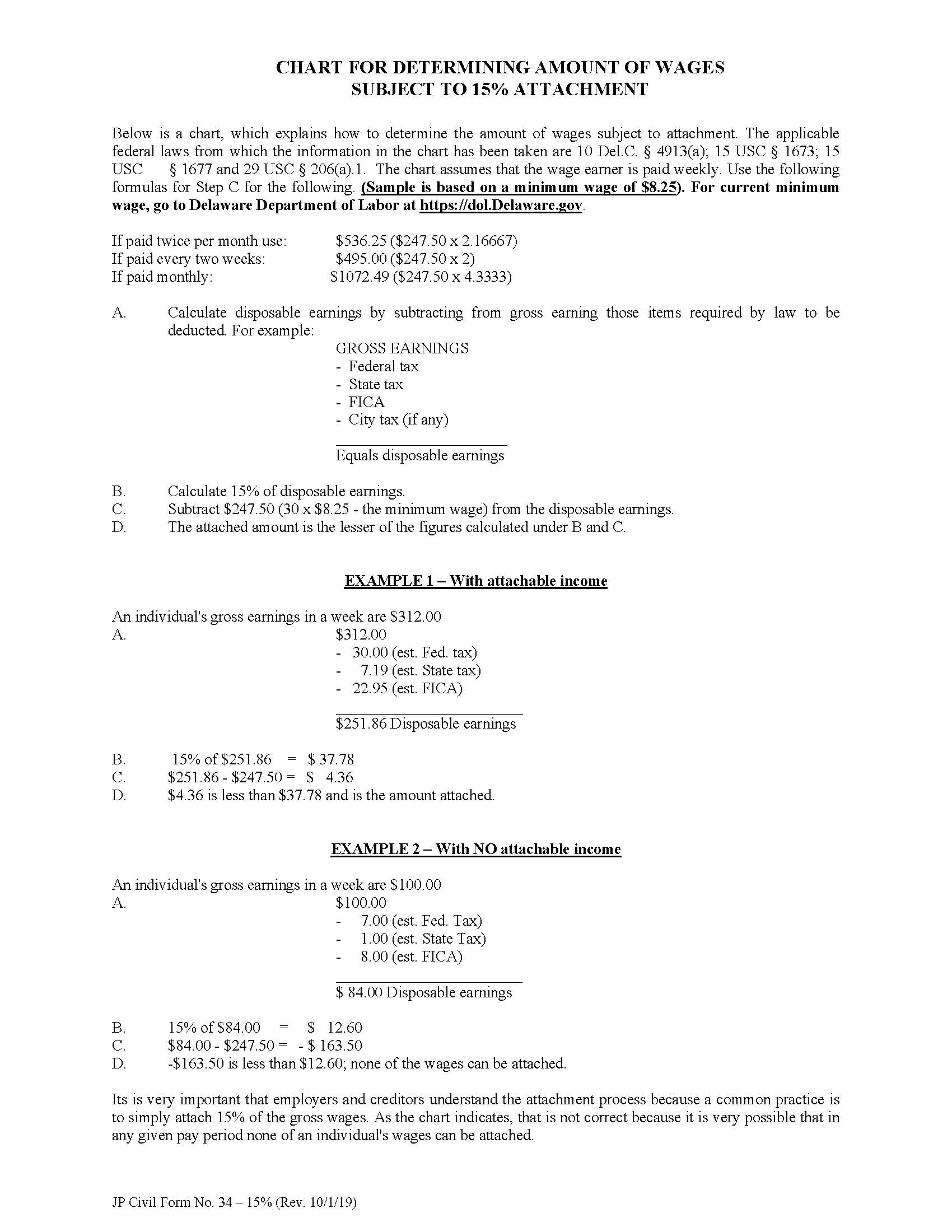 Chart For Determining Amount Of Wages Subject To 15 Percent Attachment {CF34 15} | Pdf Fpdf Doc Docx | Delaware
