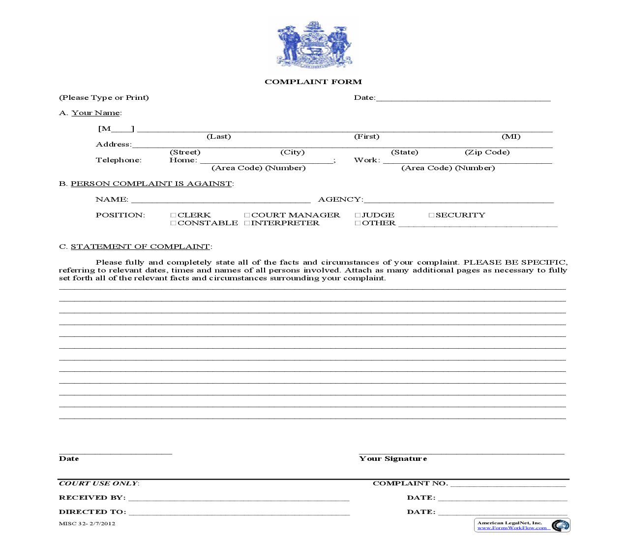 Complaint Form {MISC 32} | Pdf Fpdf Doc Docx | Delaware