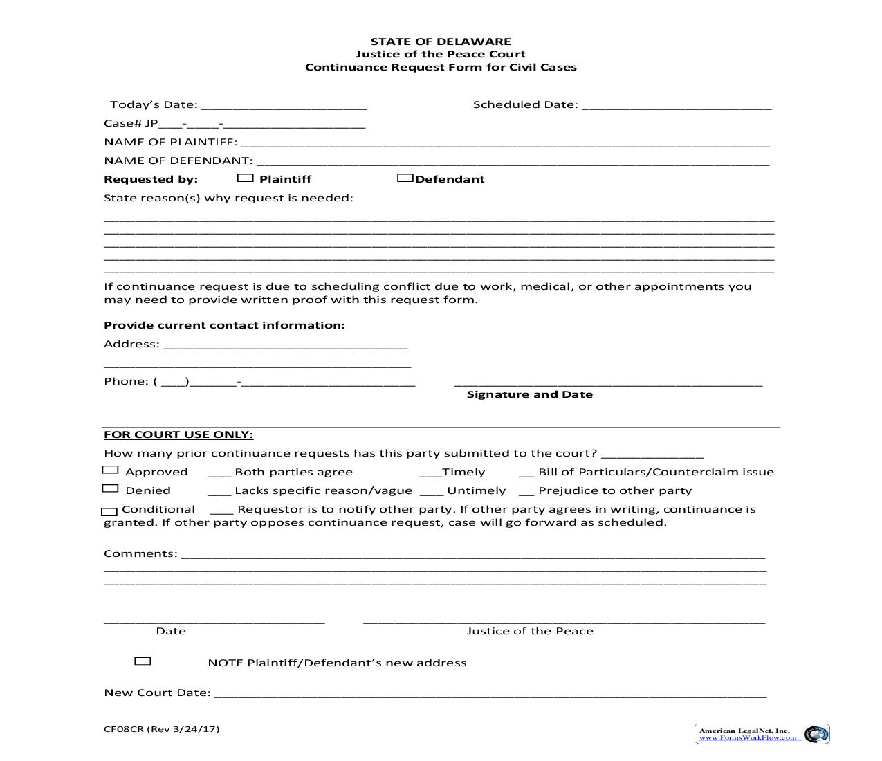 Continuance Request Form For Civil Cases {CF08CR} | Pdf Fpdf Doc Docx | Delaware