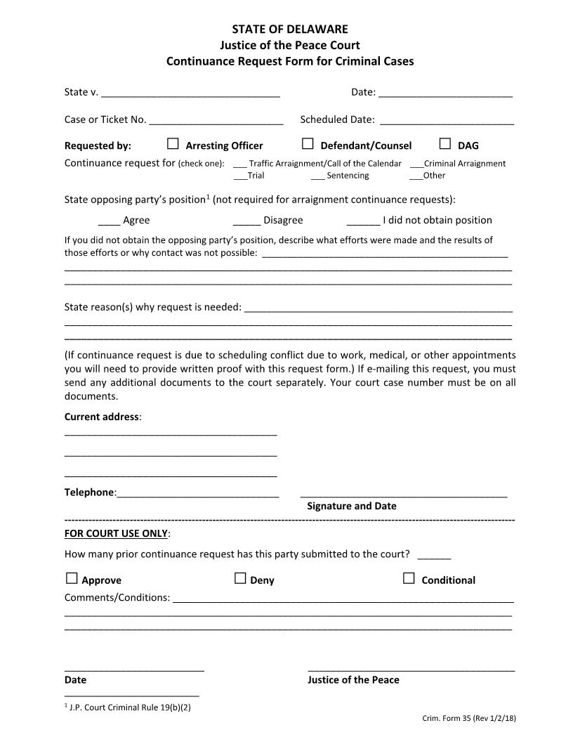 Continuance Request Form For Criminal Cases {CRF35} | Pdf Fpdf Doc Docx | Delaware