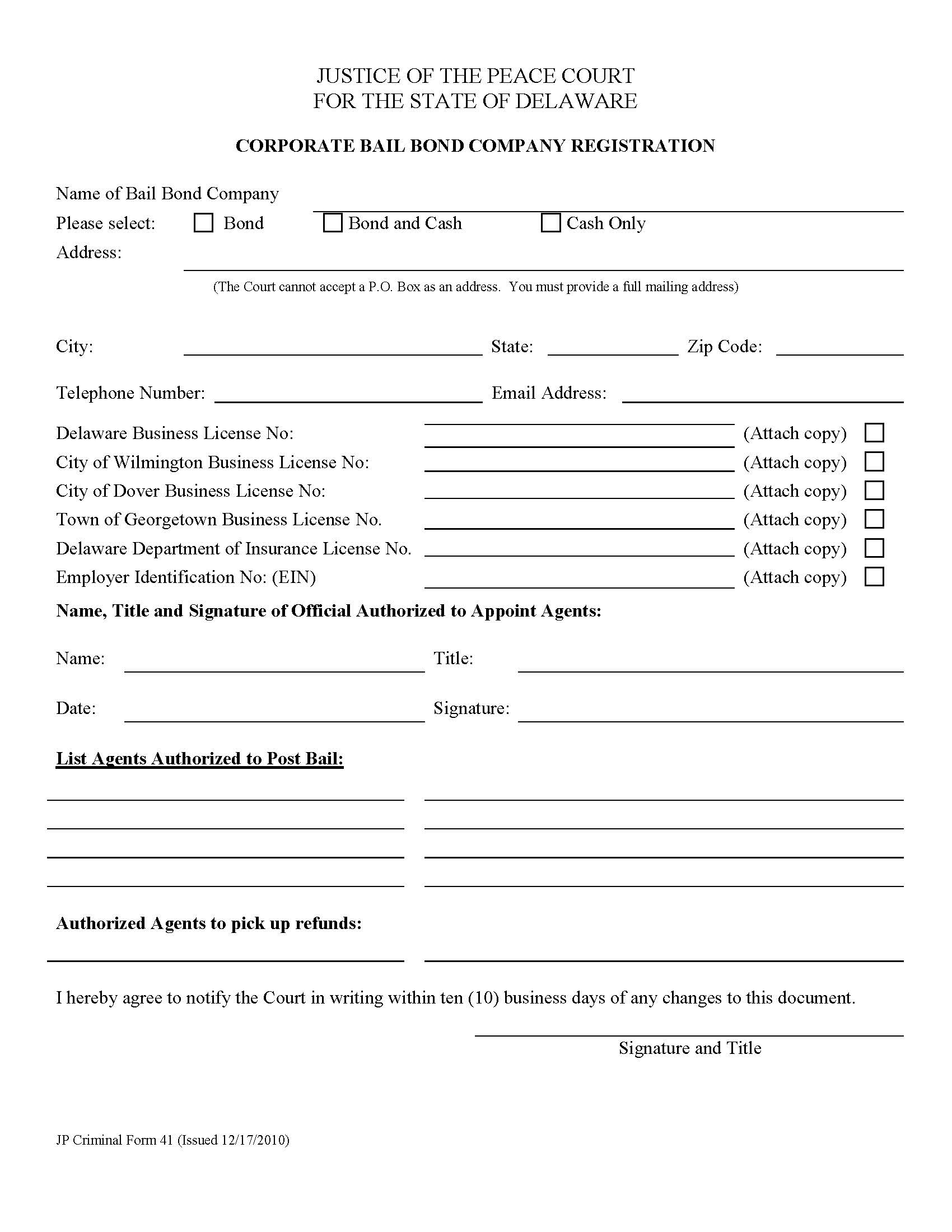 Corporate Bail Bond Company Registration {CRF41} | Pdf Fpdf Doc Docx | Delaware