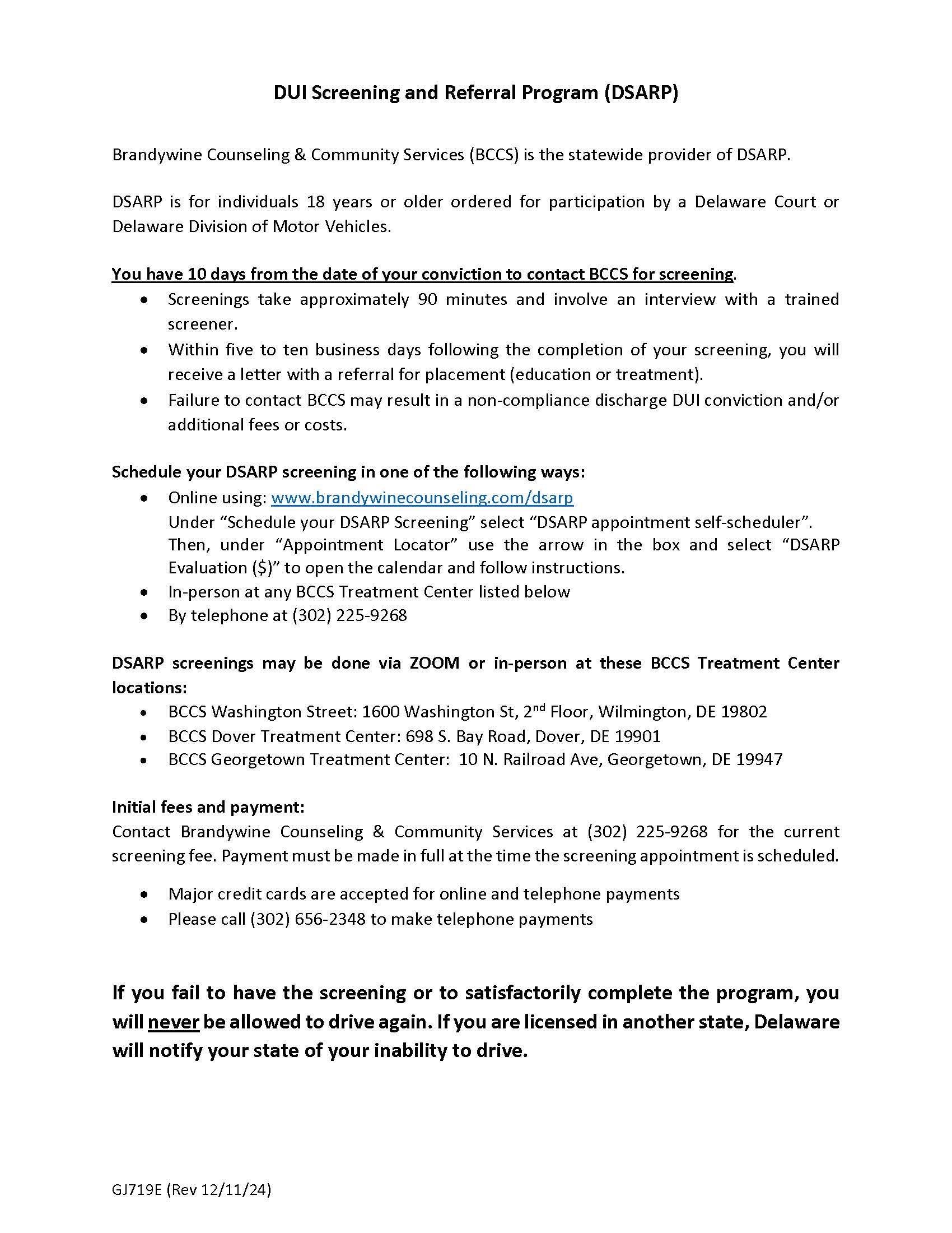 DUI Evaluation And Referral Program {GJ719E} | Pdf Fpdf Docx | Delaware