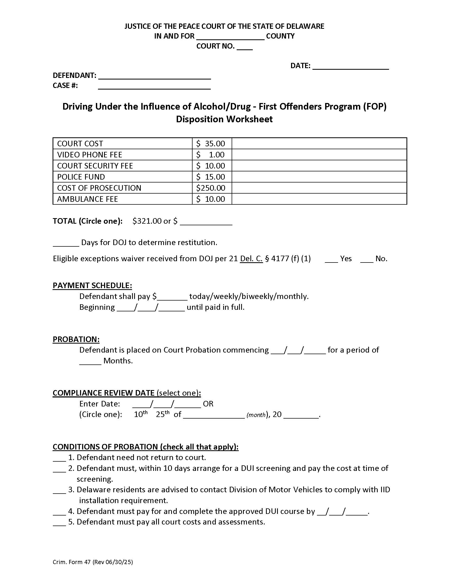 DUI FOP Worksheet {CRF47} | Pdf Fpdf Docx | Delaware