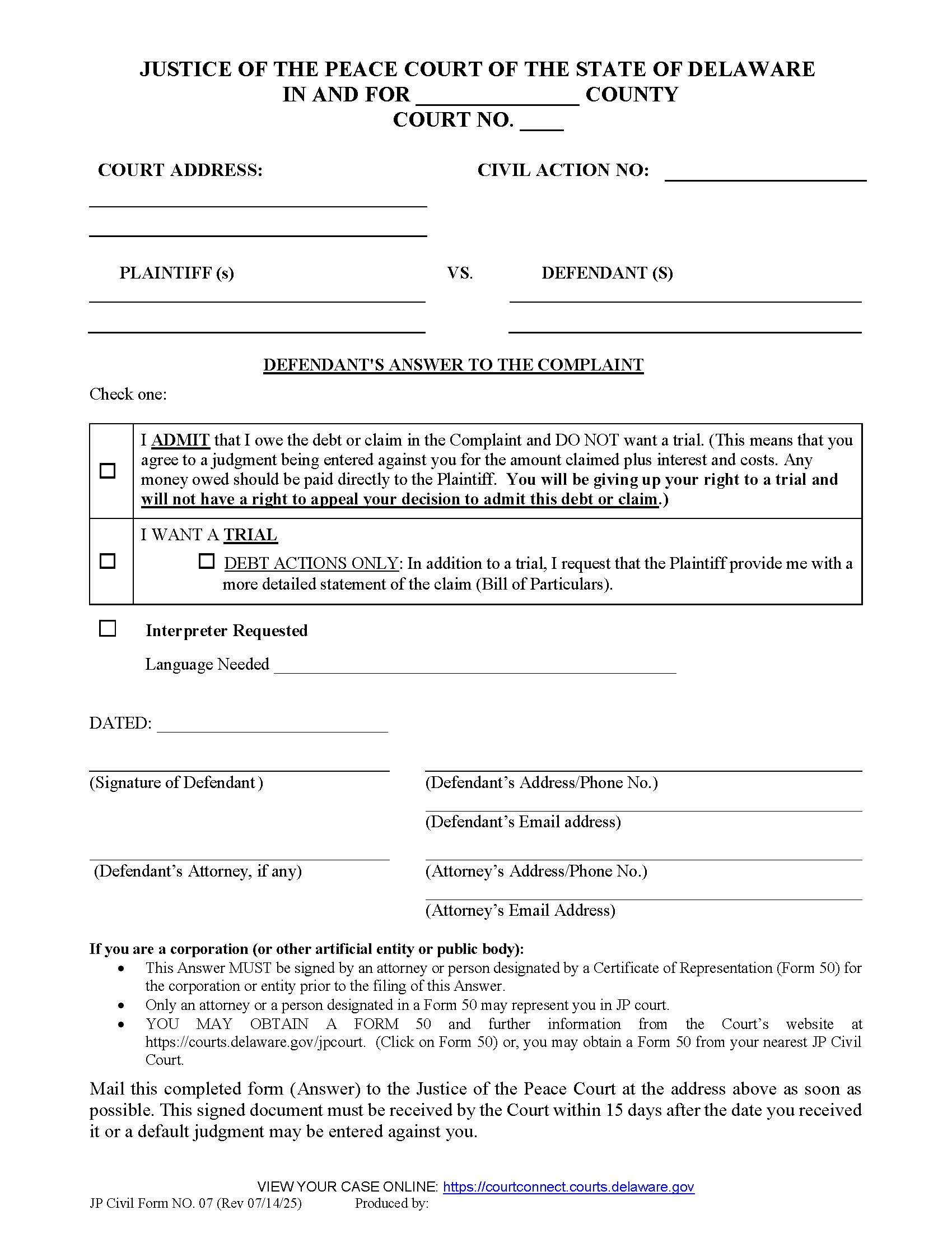 Defendant Answer To Complaint {CF07} | Pdf Fpdf Docx | Delaware