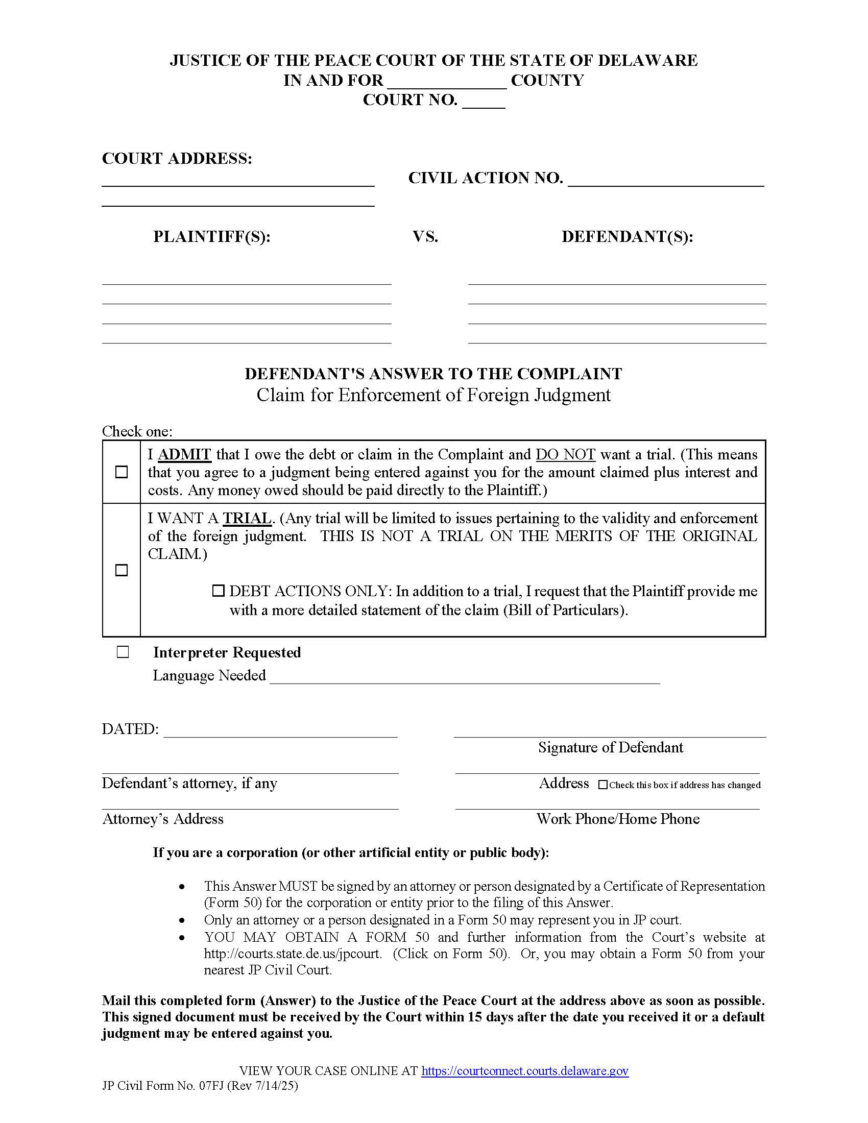 Defendants Answer To The Complaint Claim For Enforcement Of Foreign Judgment {CF07FJ} | Pdf Fpdf Doc Docx | Delaware