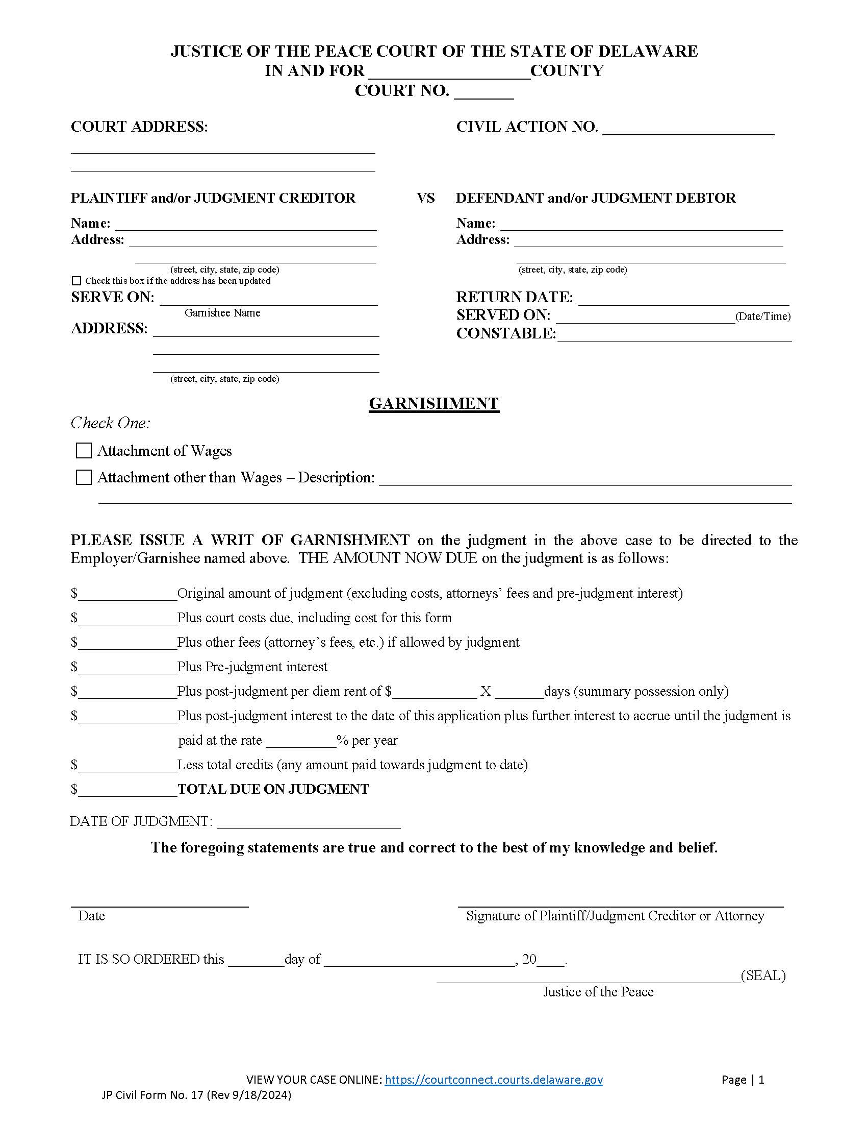 Garnishment Of Wages And Or Property Attachment {CF17} | Pdf Fpdf Doc Docx | Delaware