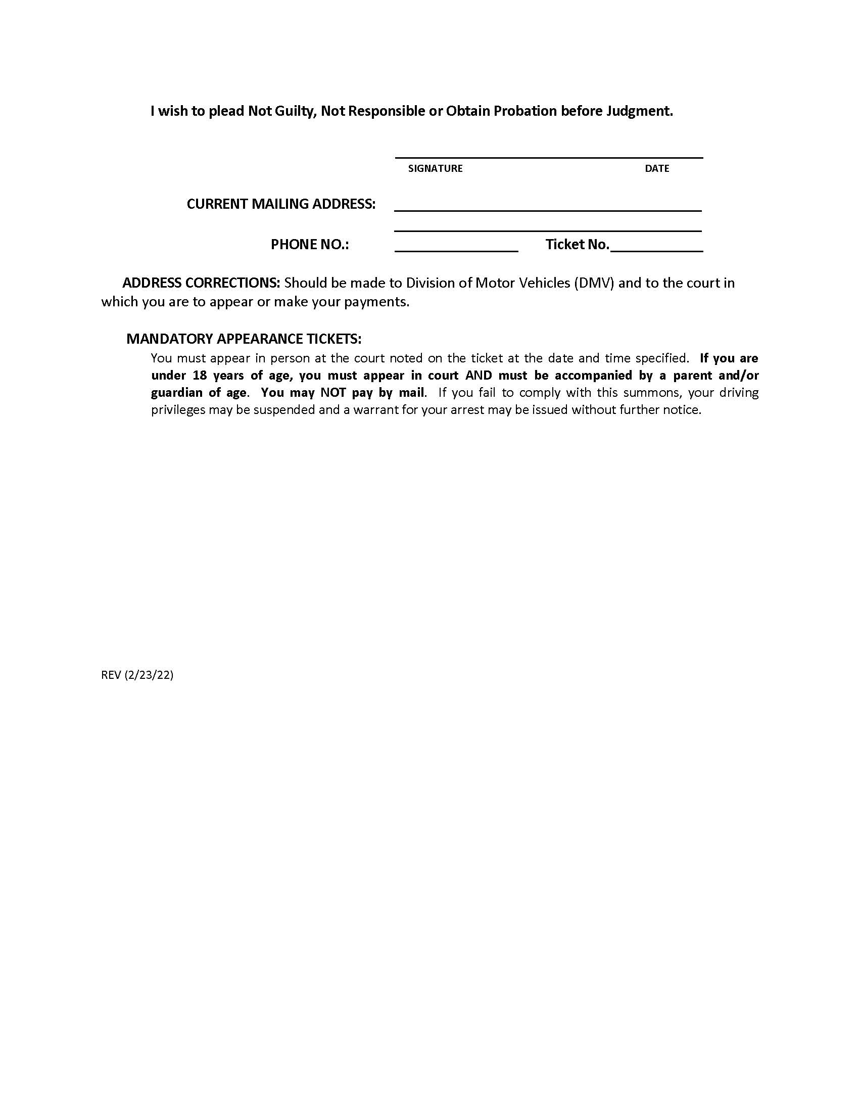 Instruction Page For Ticket Or Summons | Pdf Fpdf Doc Docx | Delaware