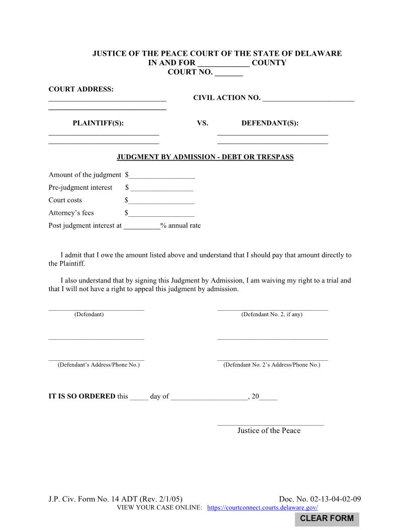 Judgment By Admission - Debt Or Trespass {14ADT} | Pdf Fpdf Doc Docx | Delaware